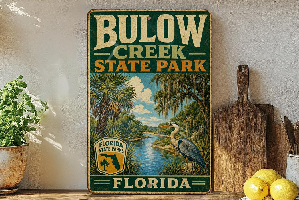 A vintage-style sign for Bulow Creek State Park in Florida, featuring a scenic illustration of a bird and palm trees, with a wooden paddle and a potted plant in the foreground.