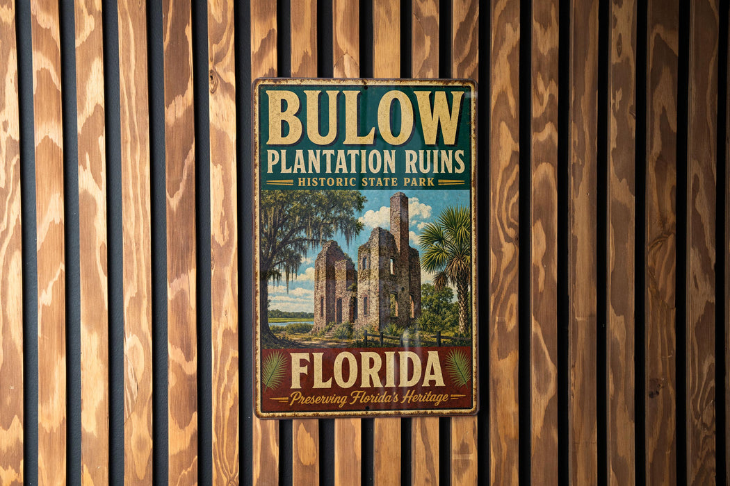 A vintage-style metal sign for Bulow Plantation Ruins Historic State Park in Florida, featuring a building and palm trees.