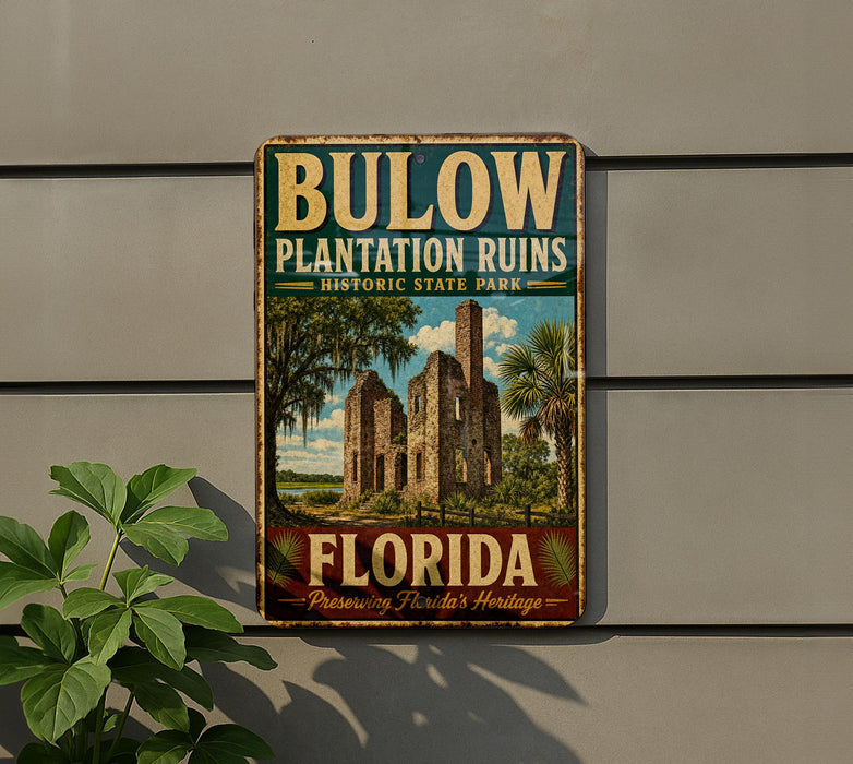 A vintage-style sign for Bulow Plantation Ruins, a historic state park in Florida, featuring a picture of the ruins and palm trees.