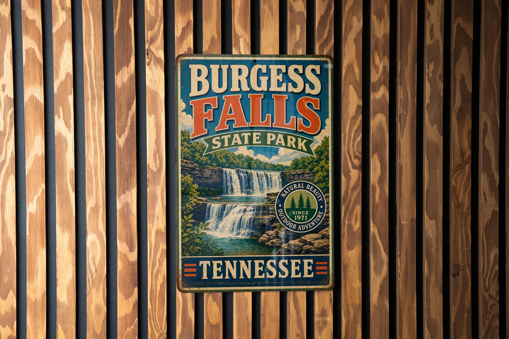 A vintage metal sign forBURGESS FALLS State Park in Tennessee, featuring a waterfall and surrounded by trees.