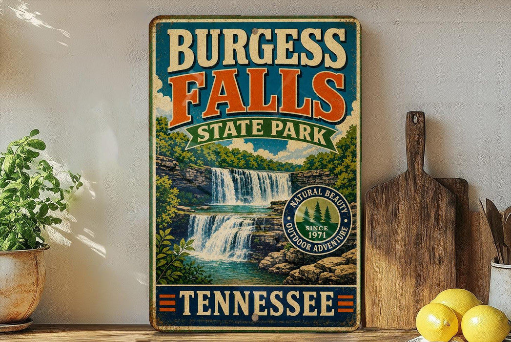 A vintage-style sign forBURGESS FALLS State Park in Tennessee, featuring a waterfall and lush greenery, is displayed on a shelf next to a wooden cutting board and some lemons.
