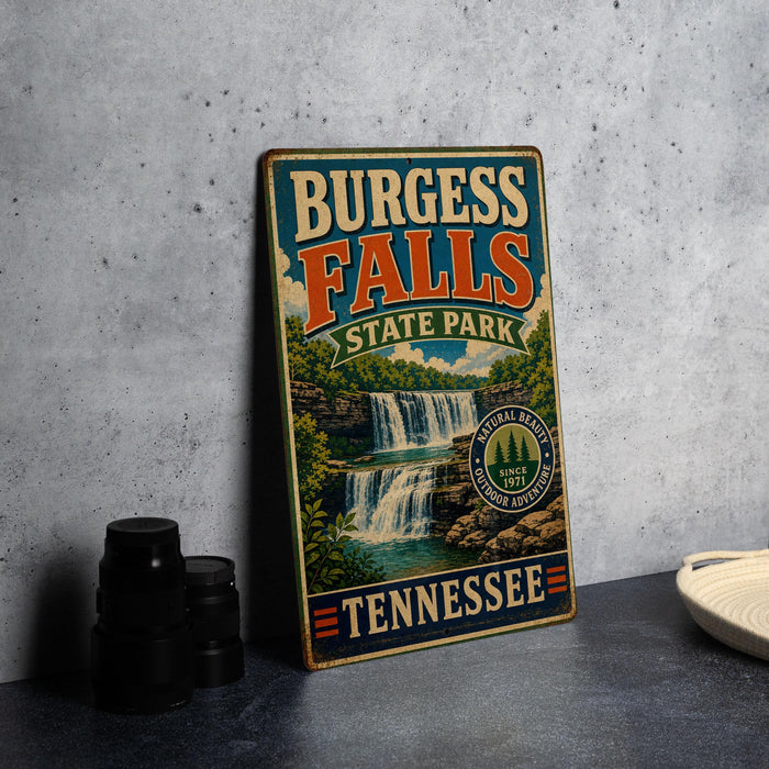 A vintage-style sign forBURGESS FALLS State Park in Tennessee, featuring a waterfall and lush greenery, is displayed on a gray countertop next to a stack of black camera lenses.