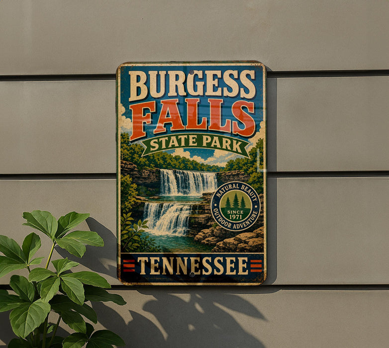 A vintage-style sign forBURGEOUS FALLS STATE PARK in Tennessee, featuring a waterfall and lush greenery.