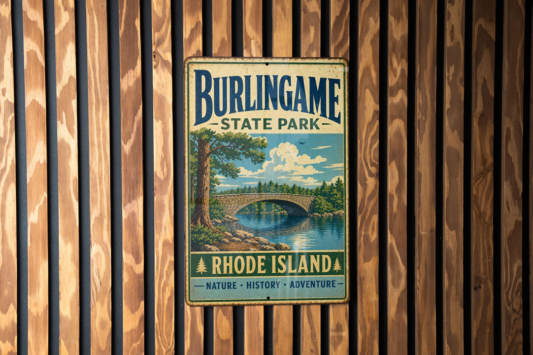 A vintage metal sign for Burlingame State Park, Rhode Island, featuring a scenic landscape with a bridge and trees.