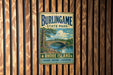 A vintage metal sign for Burlingame State Park, Rhode Island, featuring a scenic landscape with a bridge and trees.