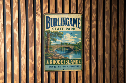 A vintage metal sign for Burlingame State Park, Rhode Island, featuring a scenic landscape with a bridge and trees.
