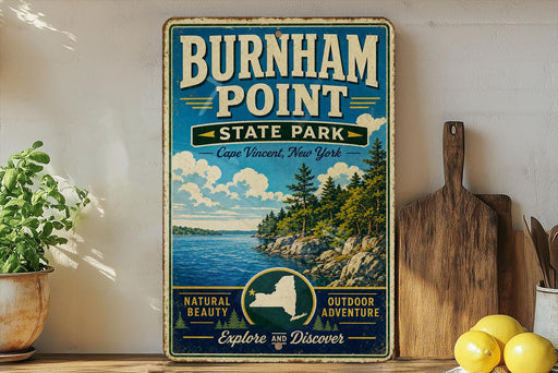 A vintage-style sign for Burnham Point State Park in New York, featuring a scenic landscape with a lake, mountains, and pine trees.