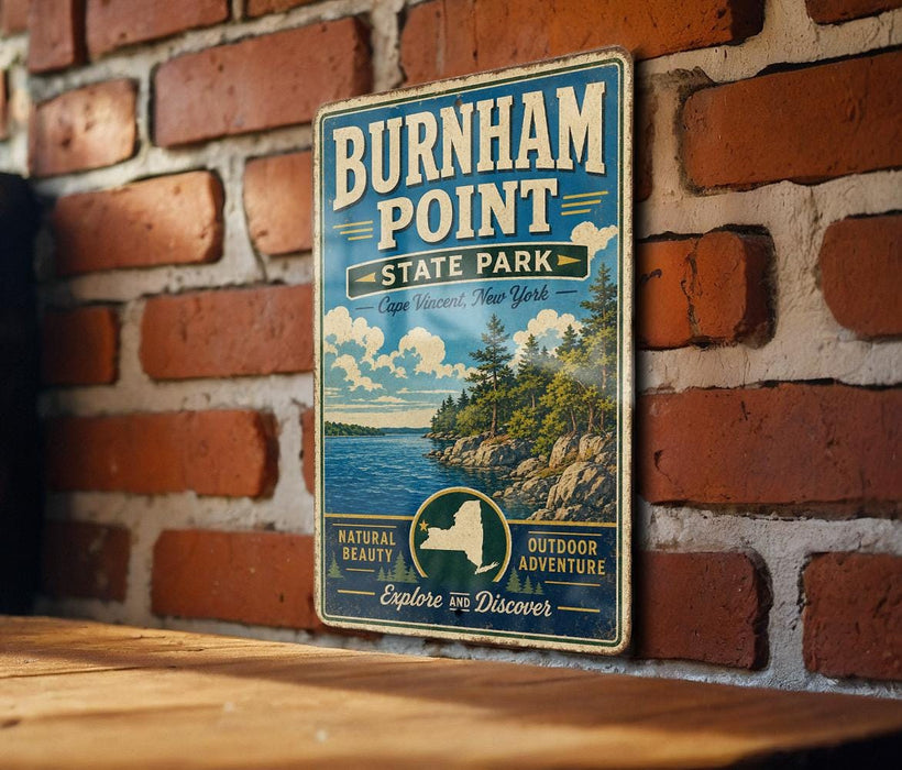 A vintage metal sign for Burnham Point State Park, featuring a scenic illustration of the park and its surrounding landscape.