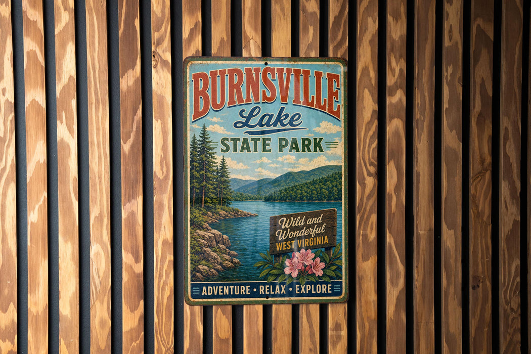 A vintage metal sign for Burnsville Lake State Park, featuring a scenic illustration of the lake surrounded by mountains and pine trees.