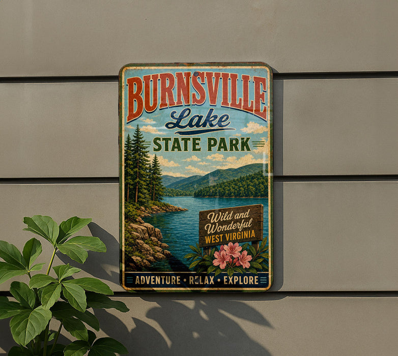 A vintage-style metal sign for Burnsville Lake State Park, featuring a scenic landscape with pine trees, a lake, and mountains.