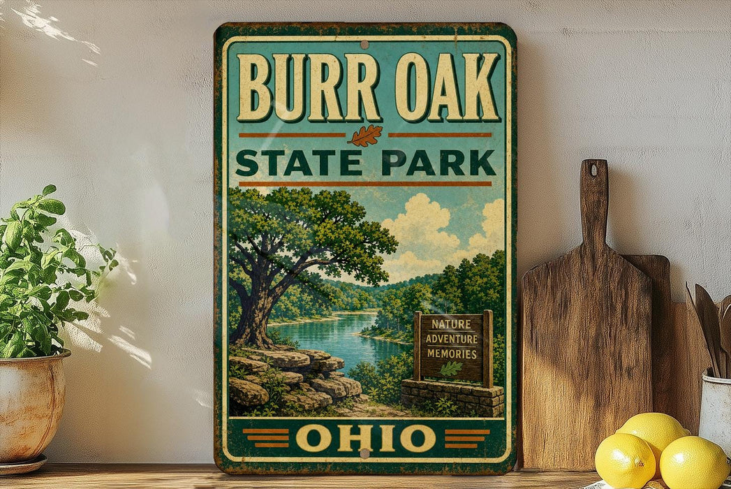 A vintage-style metal sign for Burr Oak State Park in Ohio, featuring a scenic landscape with a river and trees.
