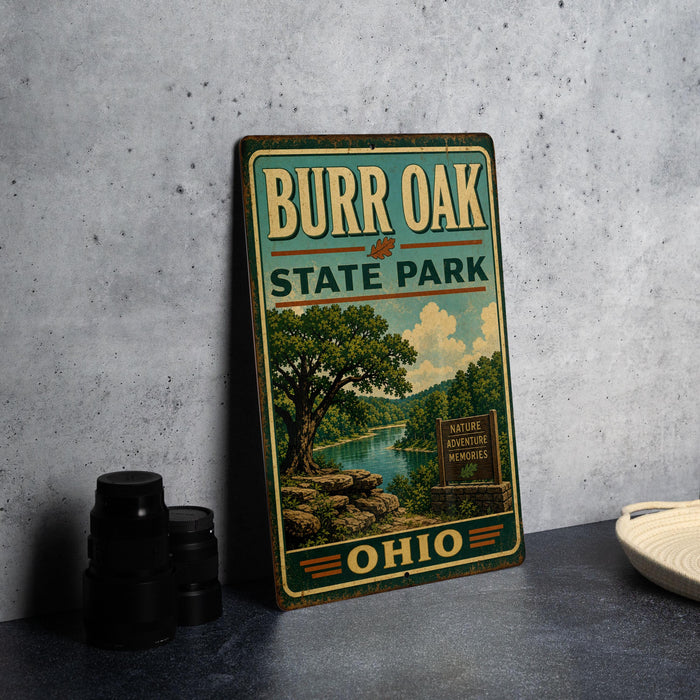 A vintage-style metal sign for Burr Oak State Park in Ohio, featuring a scenic landscape with a river and trees.