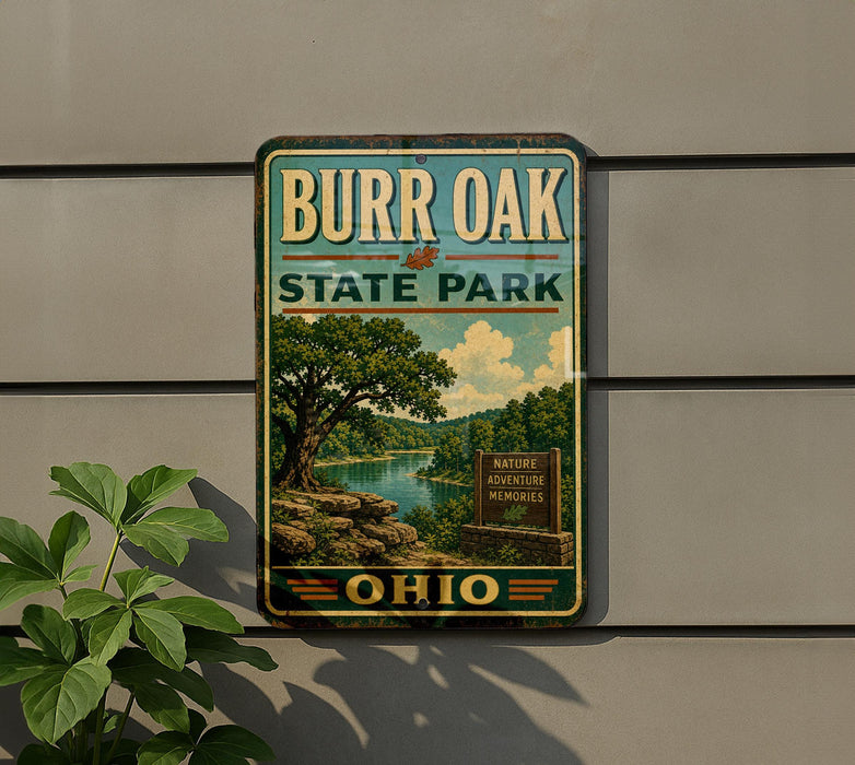 A vintage metal sign for Burr Oak State Park in Ohio, featuring a scenic landscape with a river and trees.
