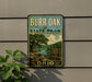 A vintage metal sign for Burr Oak State Park in Ohio, featuring a scenic landscape with a river and trees.
