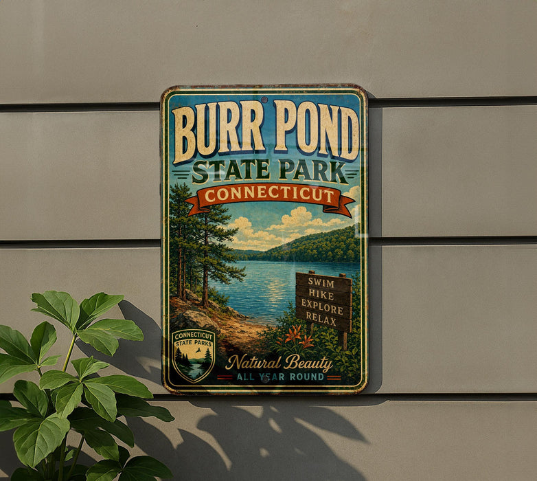 A vintage-style metal sign for Burr Pond State Park in Connecticut, featuring a scenic landscape with a lake and mountains.