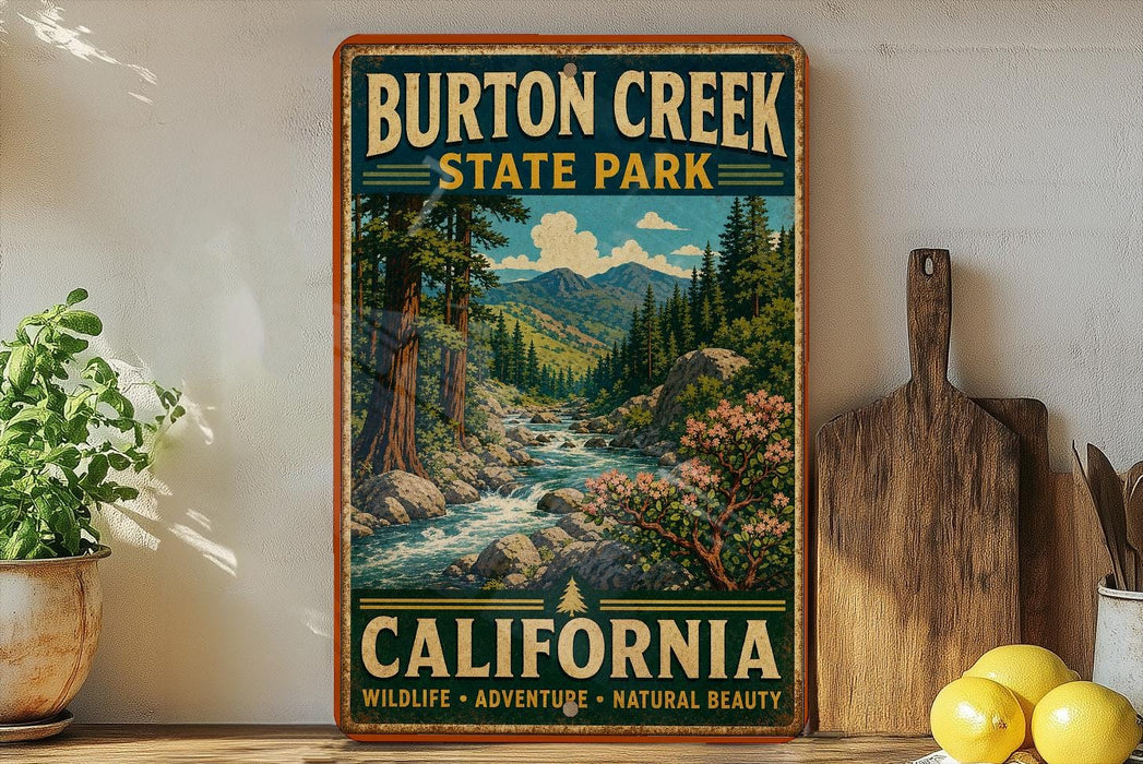 A vintage-style poster of Burton Creek State Park in California, featuring a scenic landscape with a river, mountains, and pine trees.