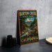 A vintage-style metal sign for Burton Creek State Park in California, featuring a scenic illustration of a forest and a river.
