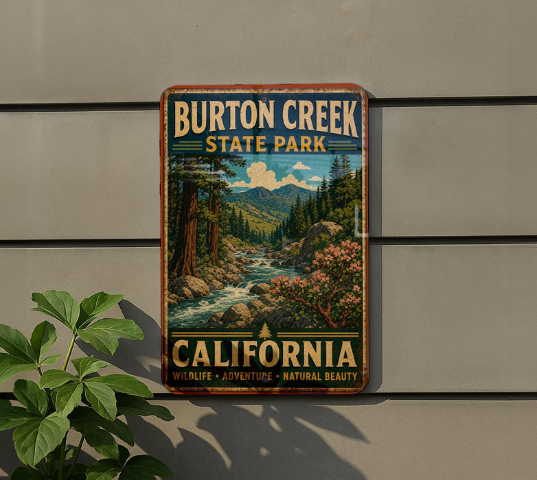A vintage-style metal sign for Burton Creek State Park in California, featuring a scenic landscape with a river, mountains, and trees.
