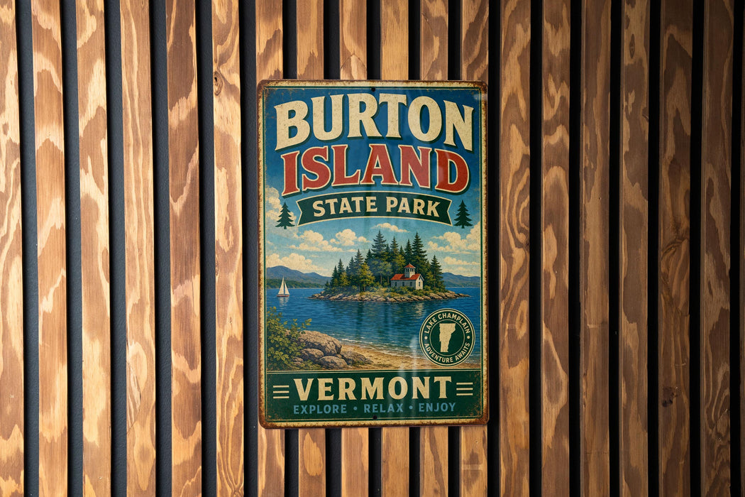A vintage metal sign for Burton Island State Park in Vermont, featuring a scenic illustration of the island and its surroundings.