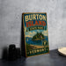 A vintage-style metal sign for Burton Island State Park in Vermont, featuring a scenic illustration of the island and its surroundings.