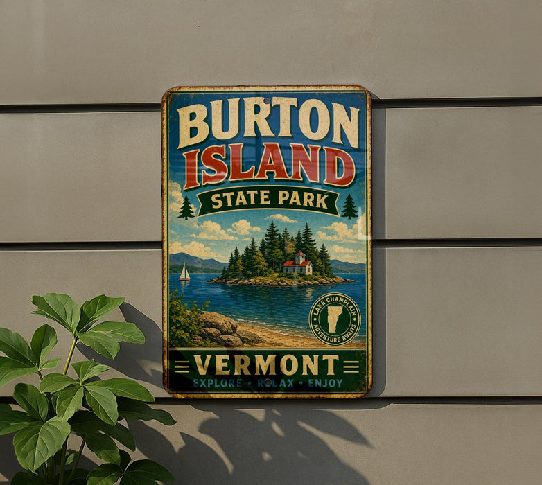 A vintage metal sign for Burton Island State Park in Vermont, featuring a scenic illustration of the island and its surroundings.