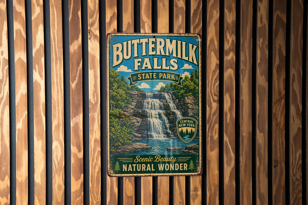 A vintage-style metal sign for Buttermilk Falls State Park, featuring a waterfall and lush greenery, is displayed on a wooden wall.