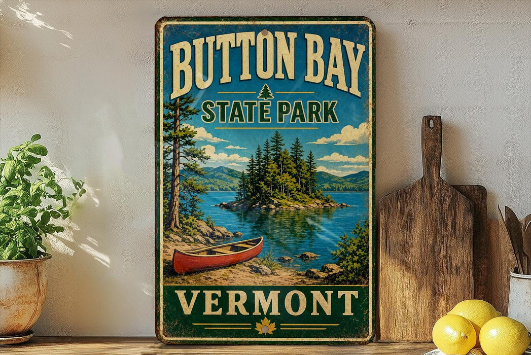 A vintage-style metal sign for Button Bay State Park in Vermont, featuring a scenic image of a lake, pine trees, and a canoe.