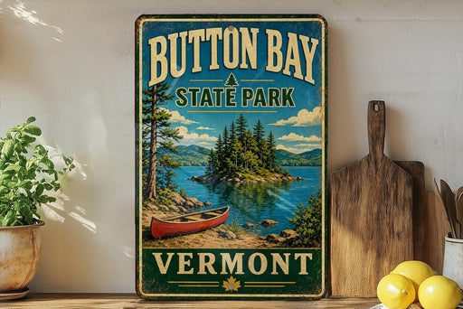 A vintage-style metal sign for Button Bay State Park in Vermont, featuring a scenic image of a lake, pine trees, and a canoe.