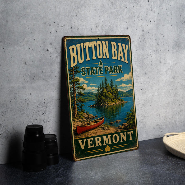 A vintage-style metal sign for Button Bay State Park in Vermont, featuring a scenic image of a lake, canoe, and mountains.