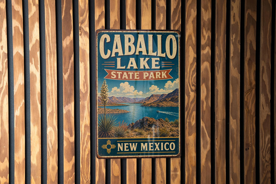 A vintage metal sign for Caballo Lake State Park in New Mexico, featuring a scenic landscape with mountains, a lake, and desert vegetation.