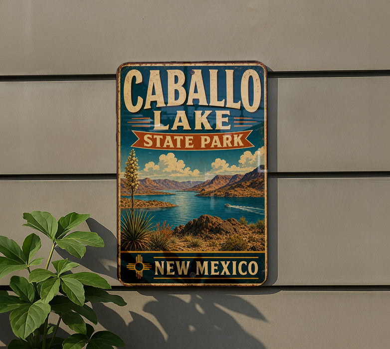 A vintage-style metal sign for Caballo Lake State Park in New Mexico, featuring a scenic landscape with mountains, a lake, and desert vegetation.