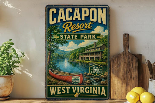 a vintage-style sign for the Cacapon Resort in West Virginia, with a scenic illustration of a lake, cabin, and mountains.