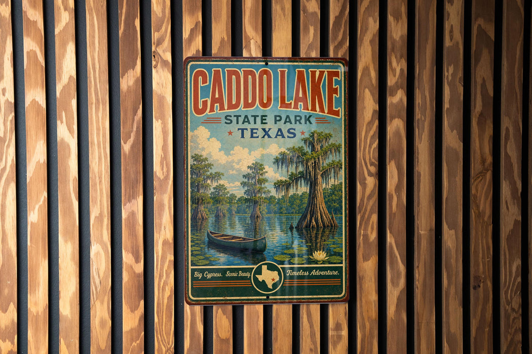 A vintage metal sign for Caddo Lake State Park in Texas, featuring a scenic illustration of a boat on the lake and a cypress tree.