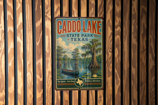 A vintage metal sign for Caddo Lake State Park in Texas, featuring a scenic illustration of a boat on the lake and a cypress tree.