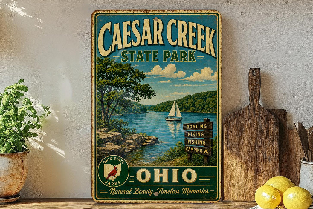 a vintage-style metal sign for Caesar Creek State Park in Ohio, with a scenic illustration of the park's lake and surrounding landscape.