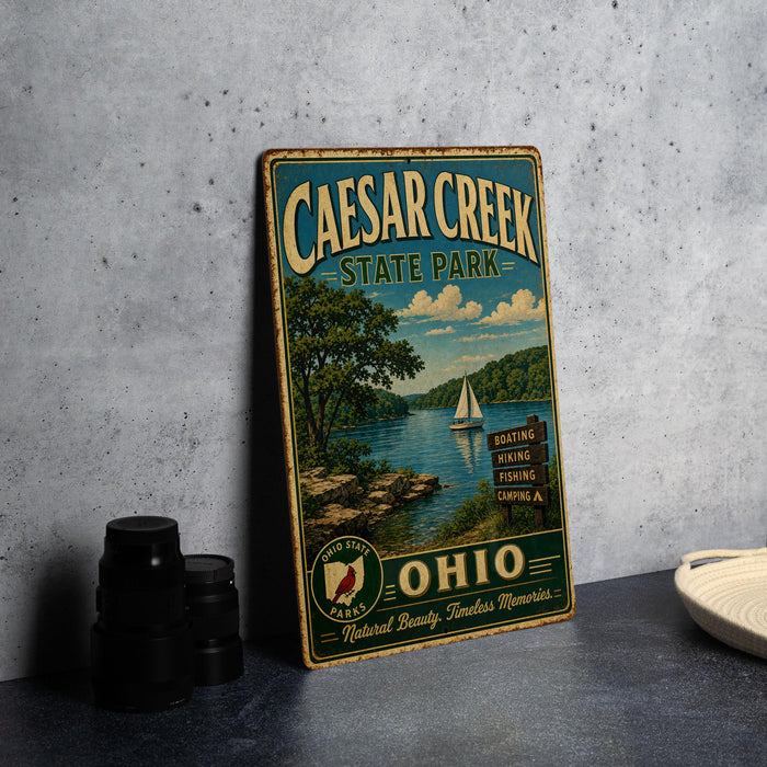 A vintage metal sign for Caesar Creek State Park in Ohio, featuring a scenic landscape with a lake, trees, and a sailboat.