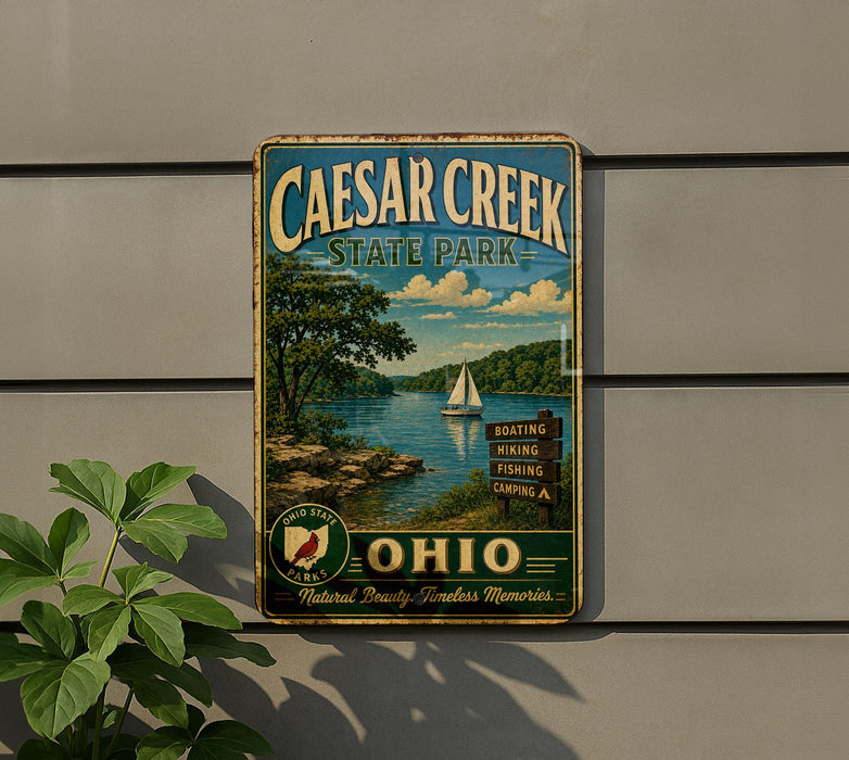 a vintage metal sign for Caesar Creek State Park in Ohio, depicting a scenic landscape with a lake, trees, and a sailboat.