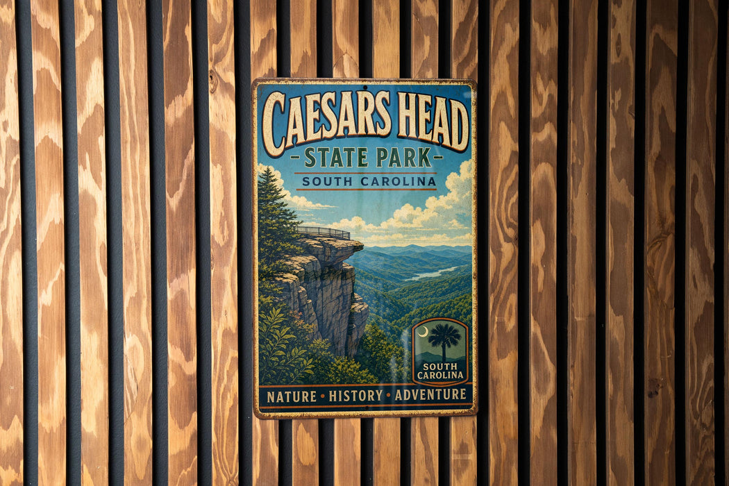 A vintage metal sign for Caesar's Head State Park in South Carolina, featuring a scenic mountain landscape with a cliff and a palm tree.