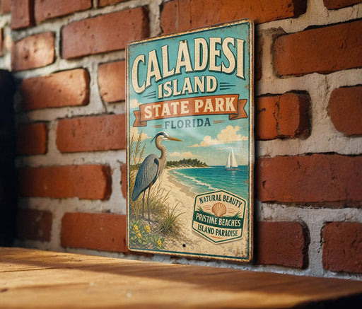 A vintage-style metal sign for Caladesi Island, Florida, featuring a seagull and beach scenery.