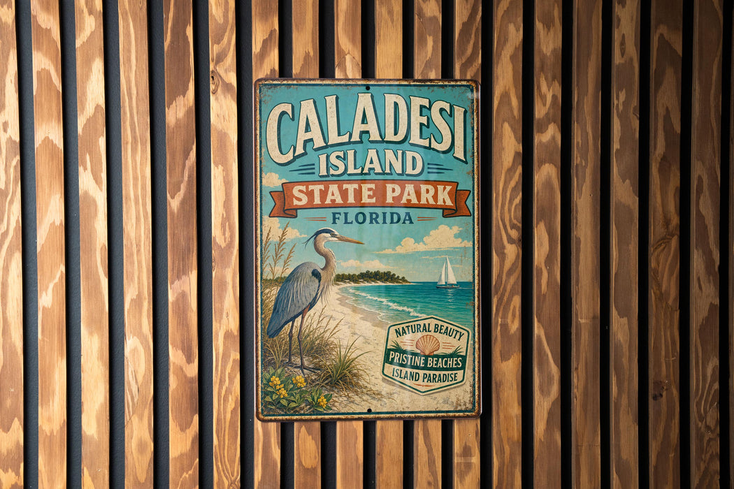 A vintage-style metal sign for Caladesi Island, Florida, featuring a blue background with a white bird and a beach scene.