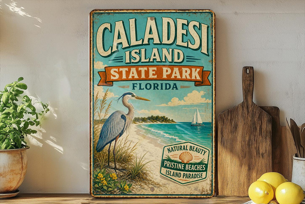 A vintage-style sign for Caladesi Island, Florida, featuring a blue heron and a beach scene, with a wooden paddle and a lemon on a shelf in the foreground.