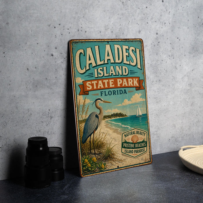 A vintage-style metal sign for Caladesi Island, Florida, featuring a blue heron and a beach scene.