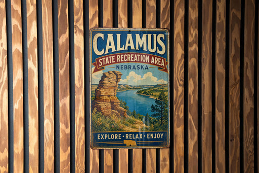 A vintage metal sign for Calamus State Recreation Area in Nebraska, featuring a scenic landscape with a river and mountains.