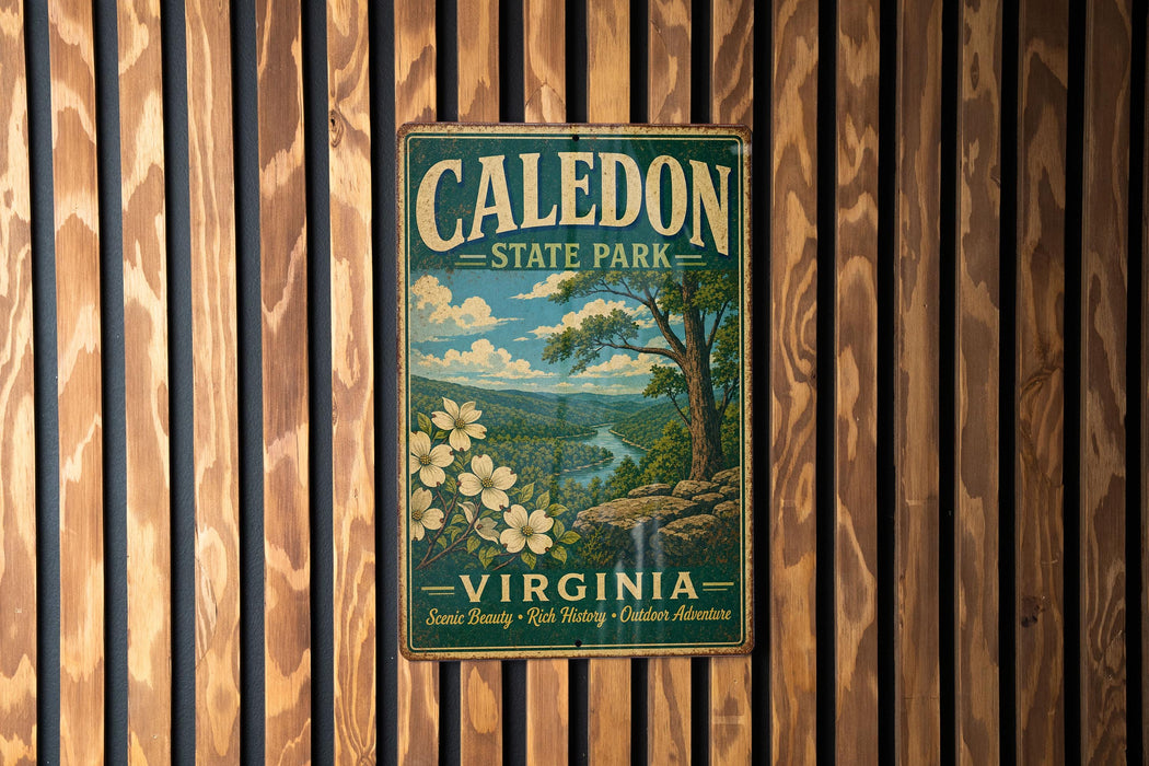 A vintage metal sign for Caledon State Park in Virginia, featuring a scenic landscape with a river, trees, and flowers.