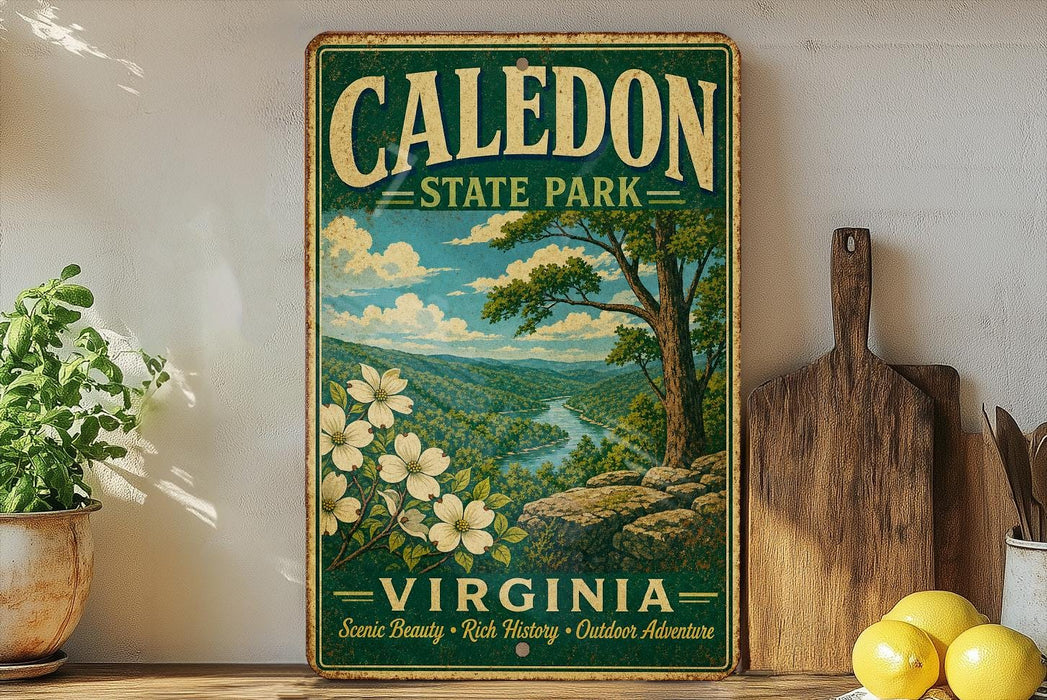 A vintage-style metal sign for Caledon State Park in Virginia, featuring a scenic landscape with a river, trees, and flowers.