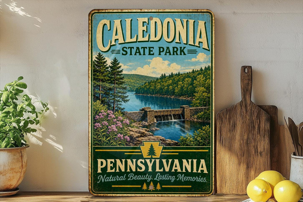 A vintage-style metal sign for Caledonia State Park in Pennsylvania, featuring a scenic landscape with a river, bridge, and trees.