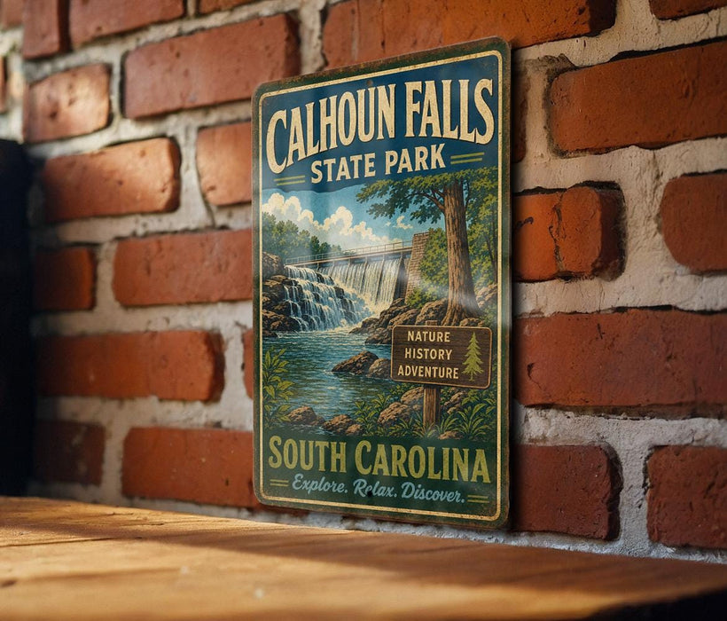 A vintage metal sign for Calhoun Falls State Park, featuring a scenic illustration of a waterfall and lush greenery, is displayed on a brick wall.