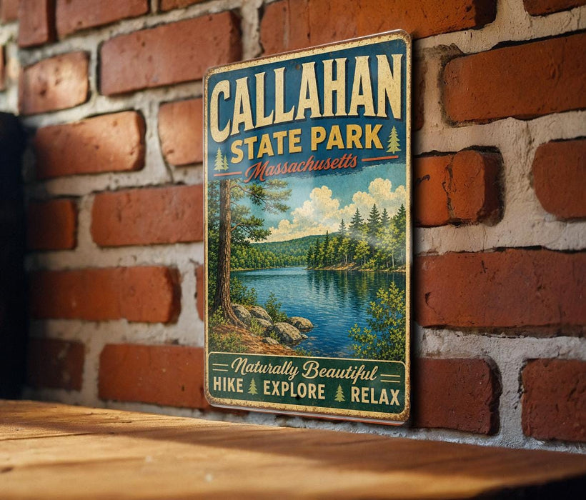 A vintage metal sign for Callahan State Park in Massachusetts, featuring a scenic landscape with a lake and trees.