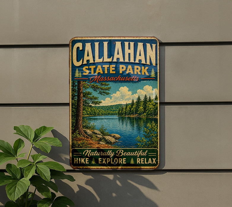 A vintage metal sign for Callahan State Park in Massachusetts, featuring a scenic landscape with a lake and pine trees.