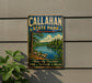 A vintage metal sign for Callahan State Park in Massachusetts, featuring a scenic landscape with a lake and pine trees.